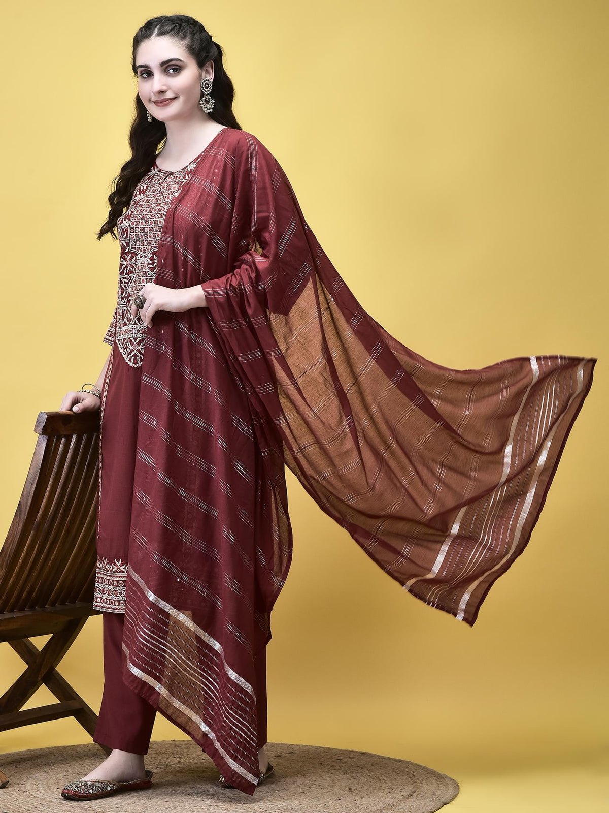 Poly Viscose Maroon Embroidered Kurta Comfort Pant Chanderi Dupatta (Style 20459)