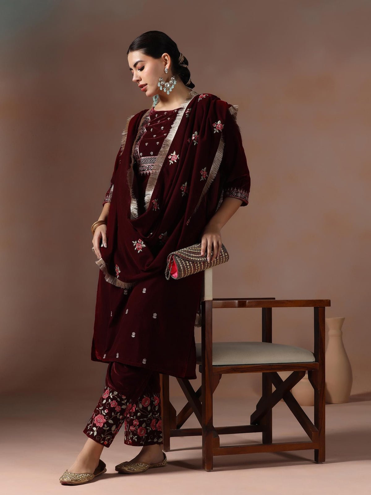 Velvet Maroon Embroidered Kurta Comfort Pant Dupatta