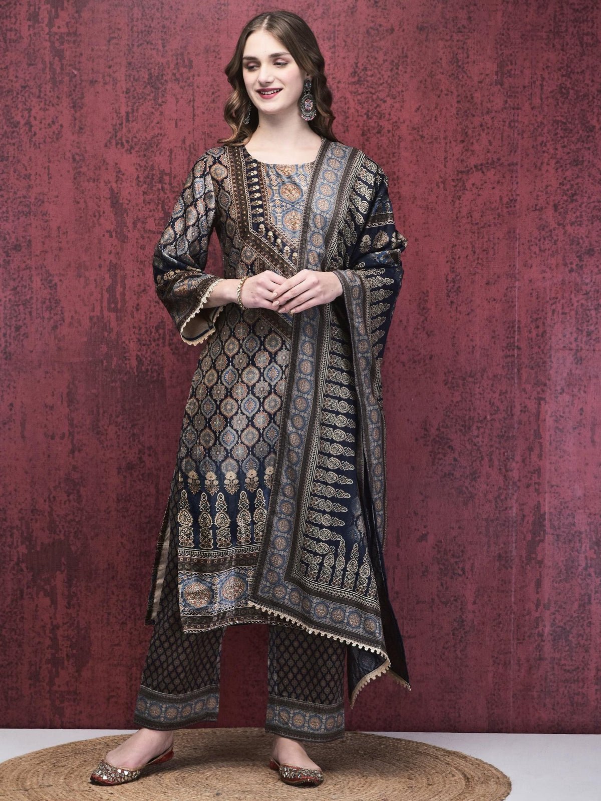 Velvet Blue Multi Ajrakh Print Kurta Comfort Pant Dupatta