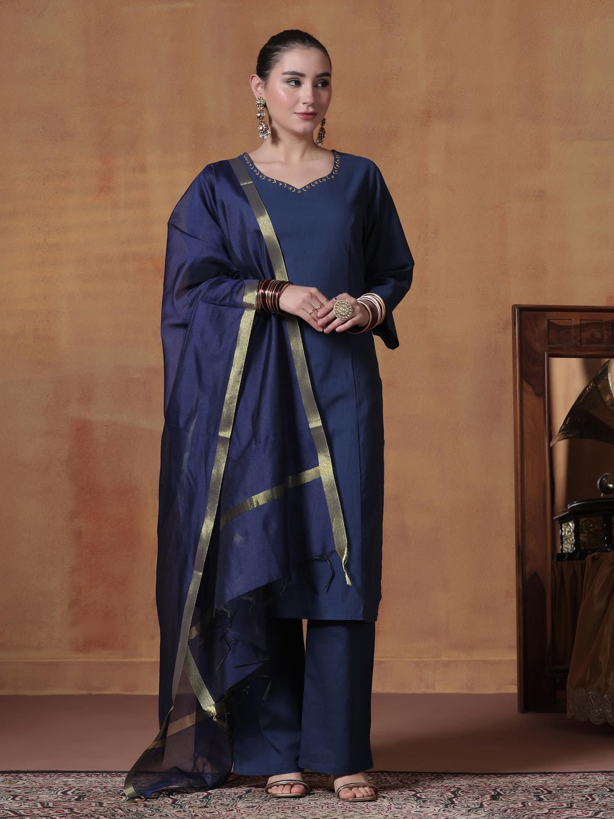 Cotton Navy Blue Solid Kurta Comfort Pant Dupatta (Style 25252 A)