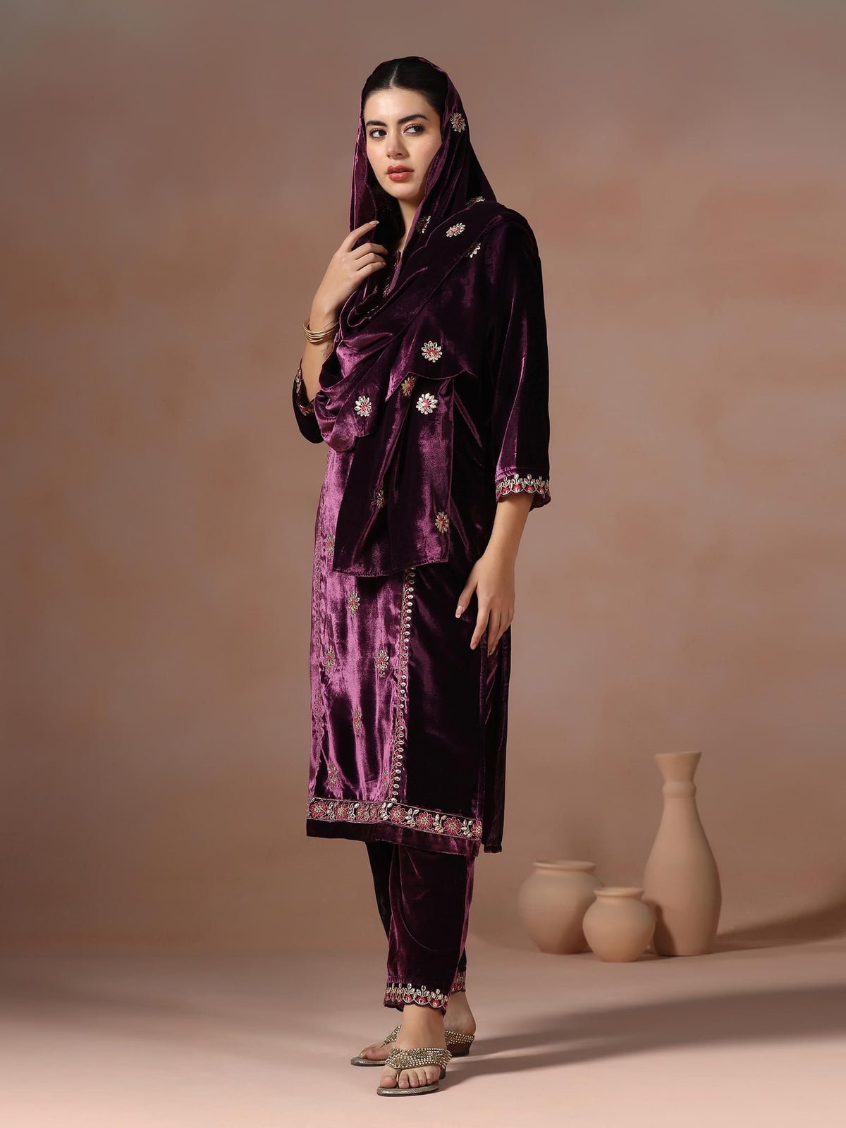 Velvet Burgundy Embroidered Kurta Comfort Pant Dupatta