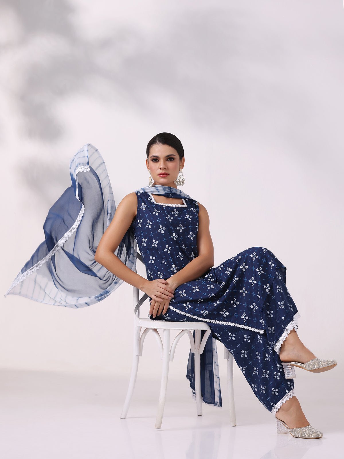 Liva Blue Printed Kurta Wide Leg Pant Dupatta
