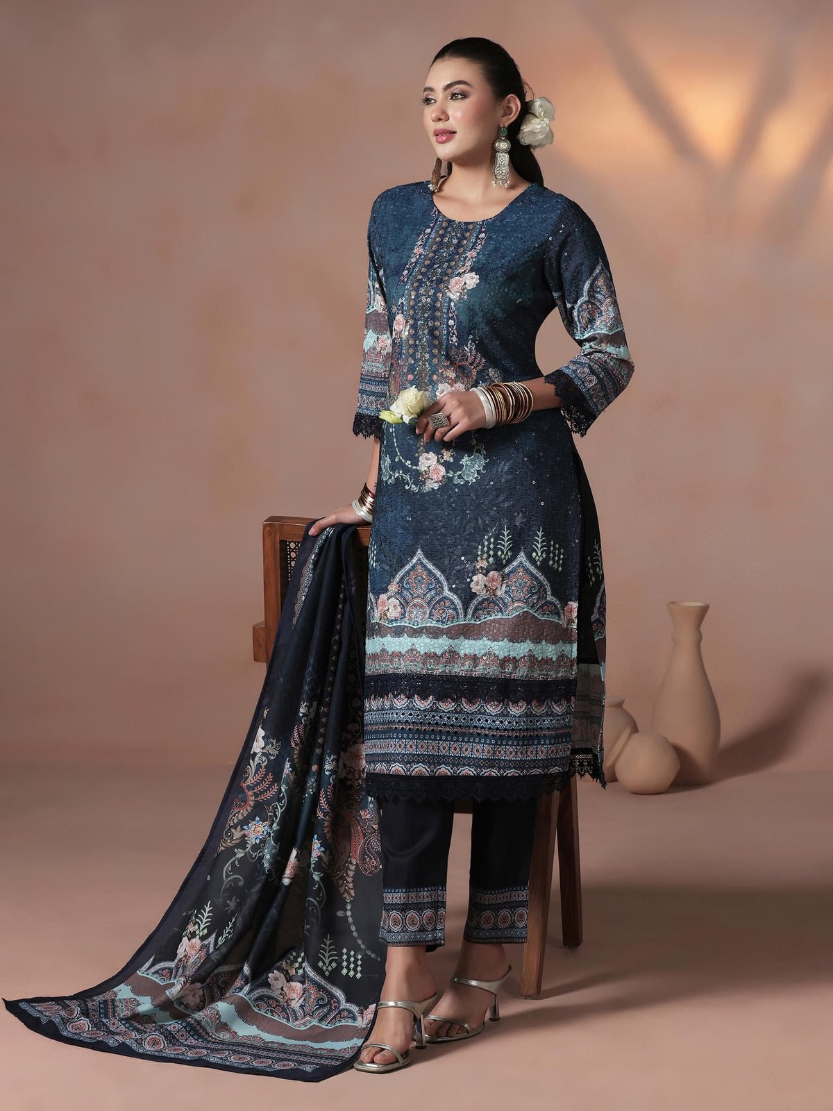 Cotton Navy Blue Embroidered Kurta Comfort Pant Dupatta (Style SWF-1462)