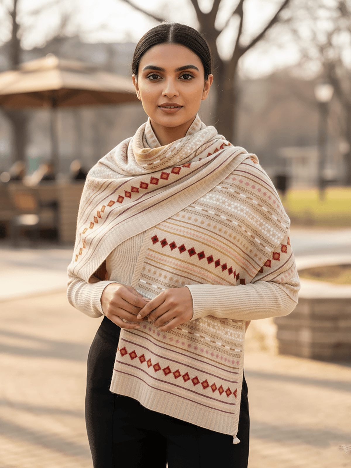 Soft Knitted Warm Light Beige Acrylic Shawl (Style KT-ST1539)