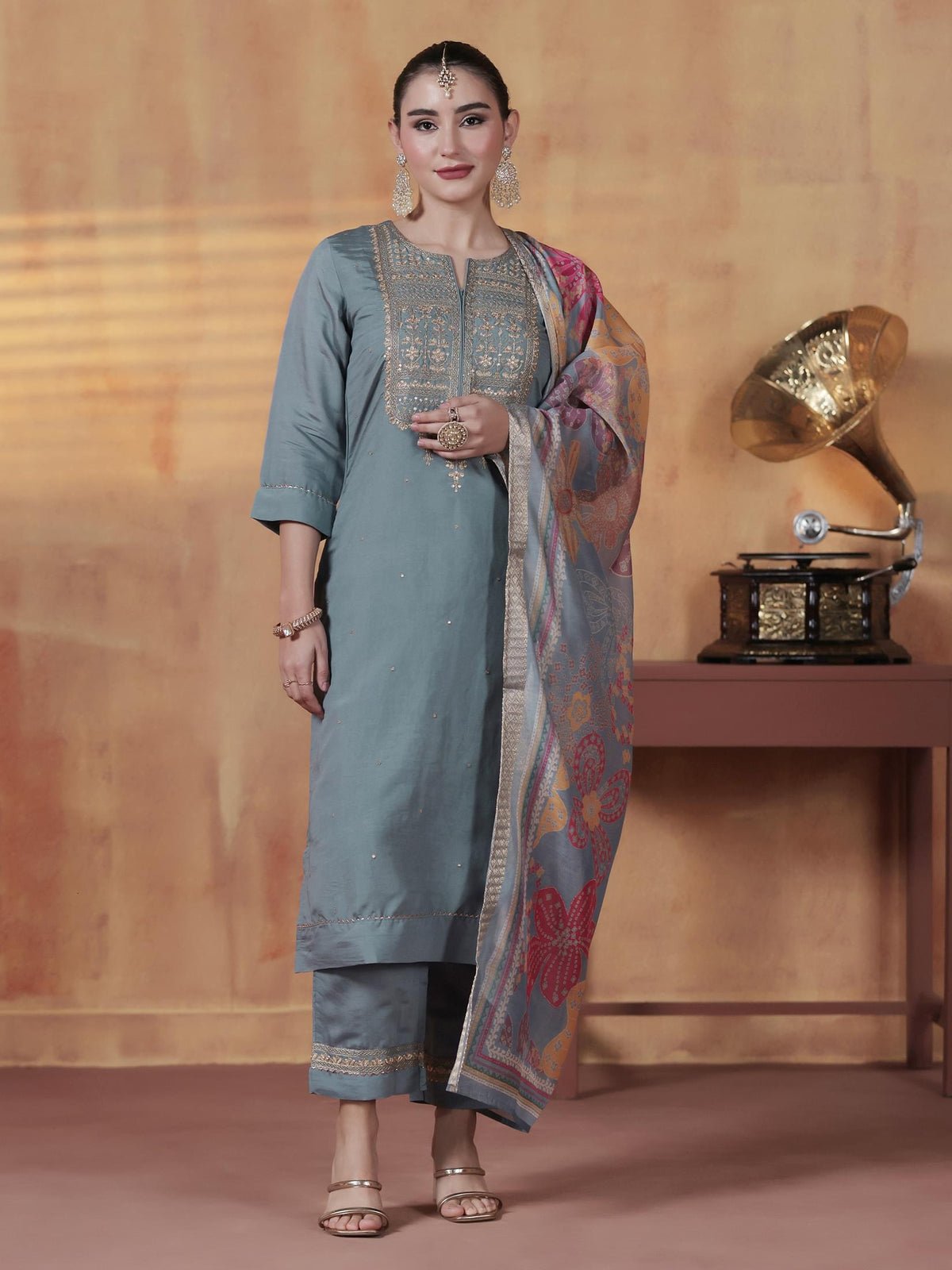 Silk Blend Blue Embroidered Kurta Comfort Pant With Dupatta