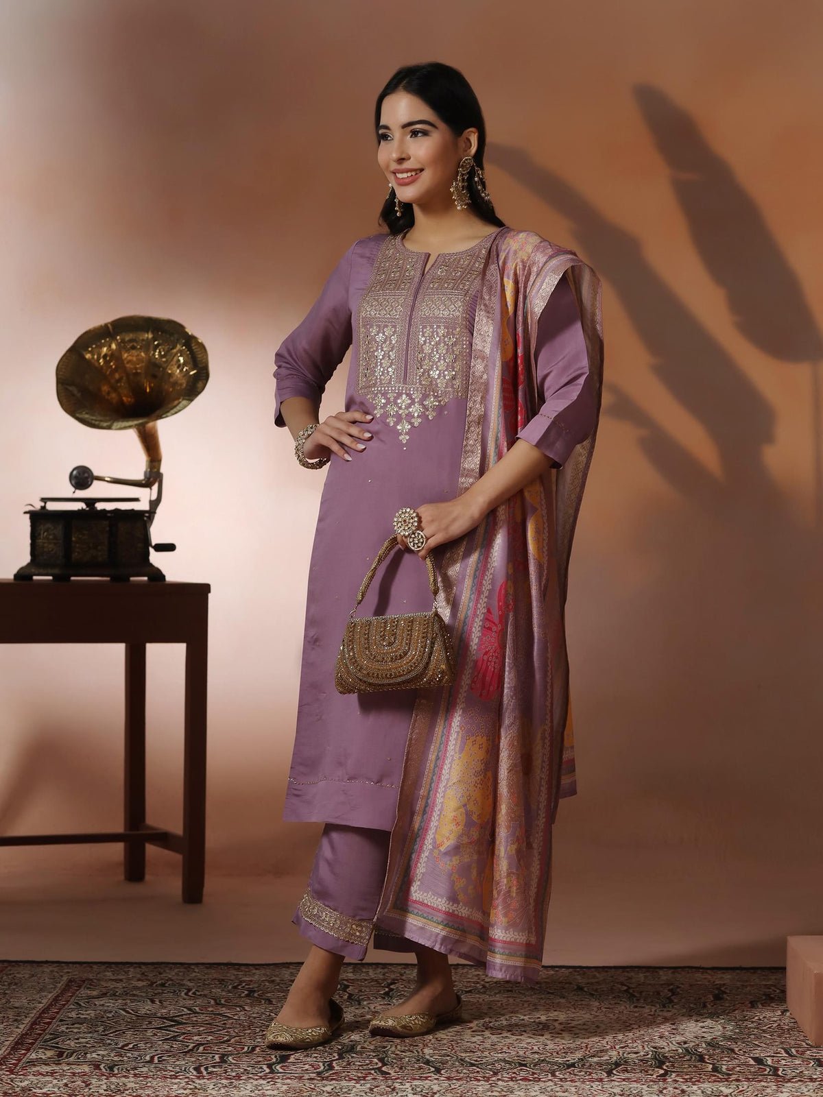 Silk Blend Lilac Embroidered Kurta Comfort Pant With Dupatta