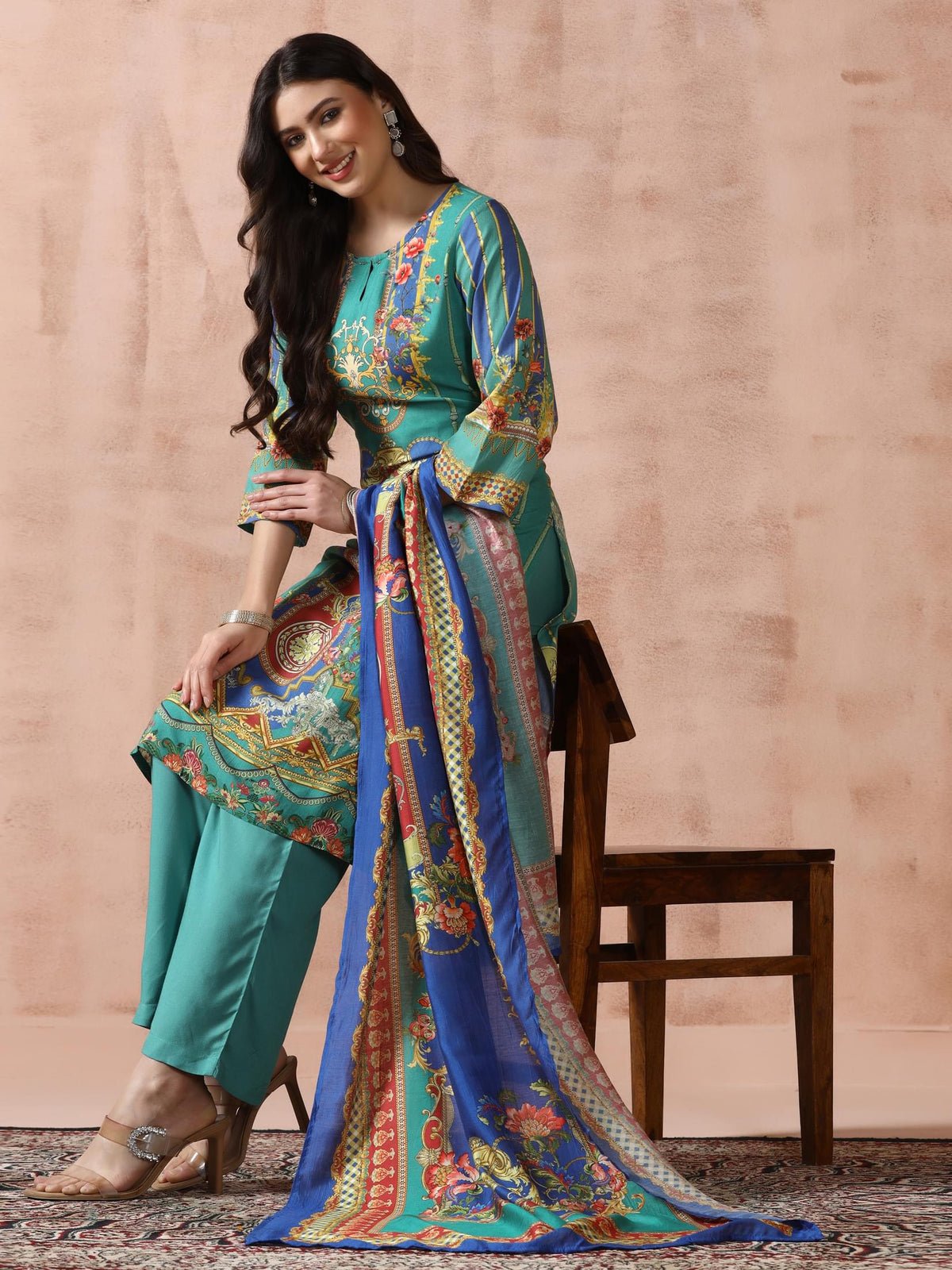 Liva Rayon Green Printed Kurta Comfort Pant Dupatta