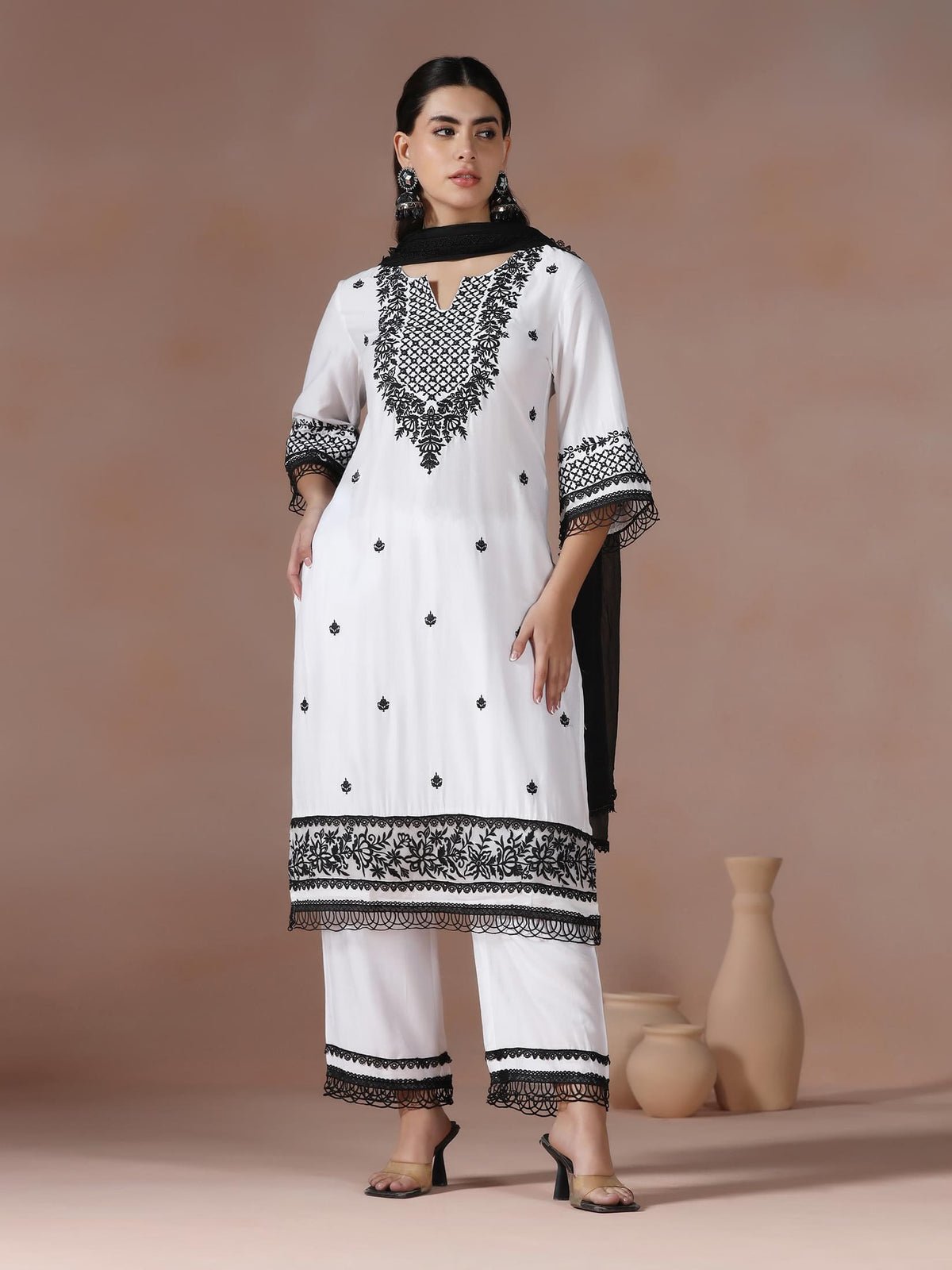 Liva Viscose Off White Embroidered Kurta Comfort Pant Dupatta