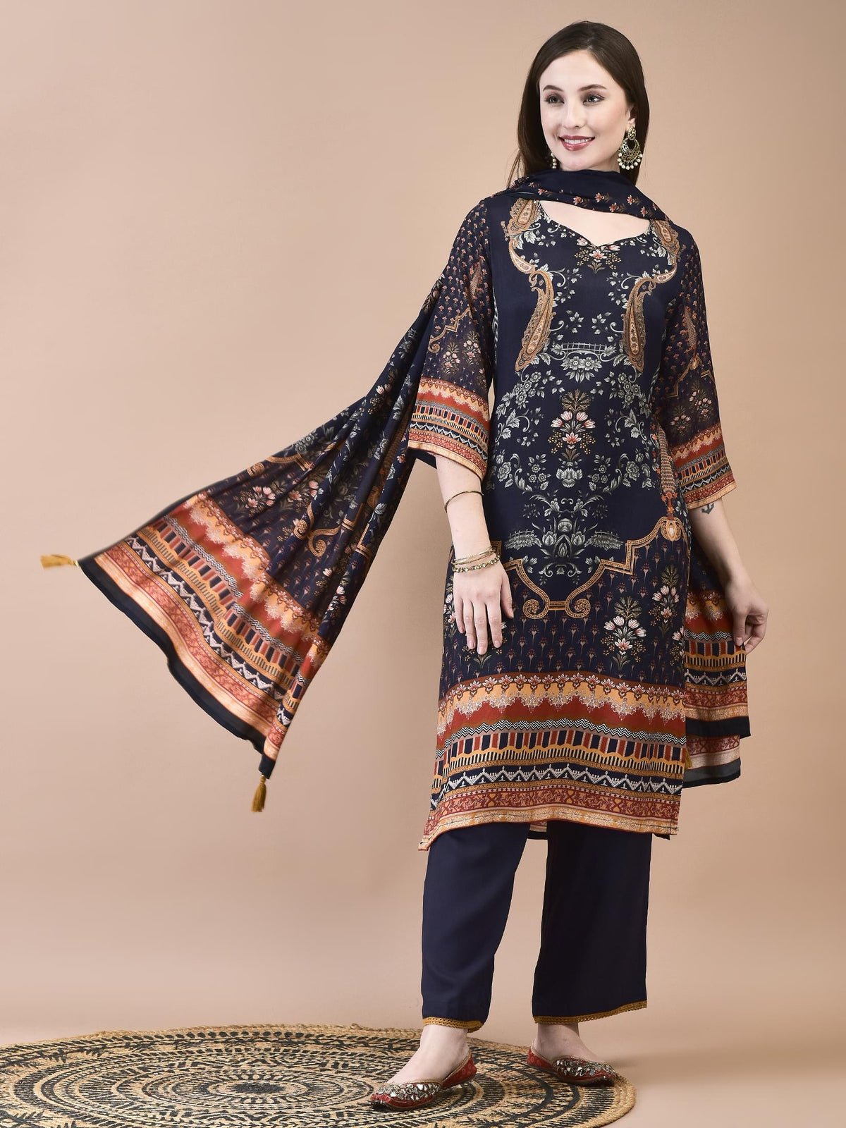 Muslin Navy Blue Ornamental Print Kurta Comfort Pant Dupatta
