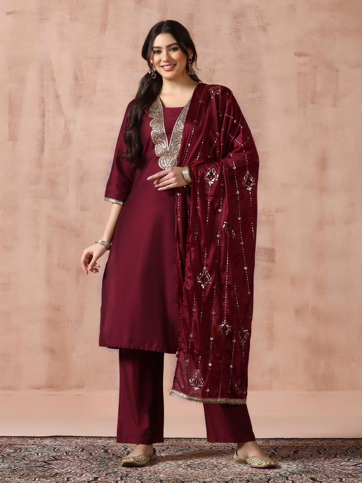 Silk Blend Maroon Embroidered Kurta Comfort Pant Dupatta (Style 25267)
