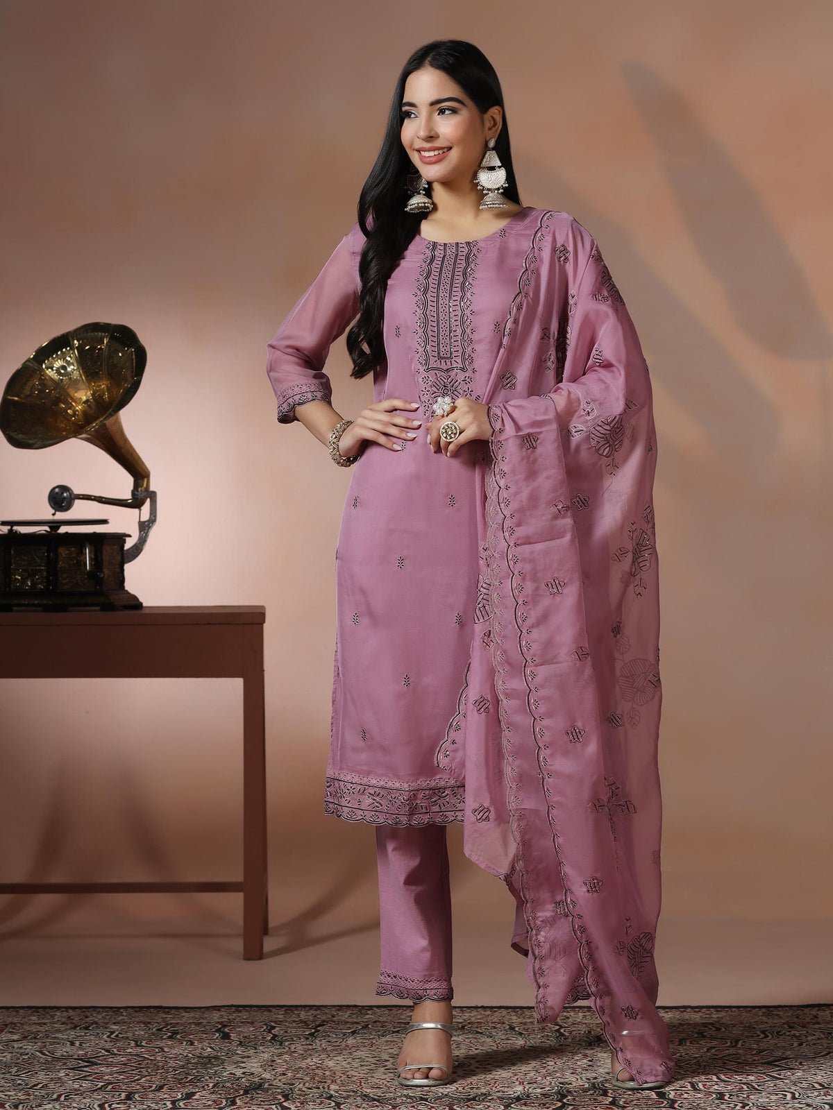 Organza Lilac Embroidered Kurta Comfort Pant Dupatta