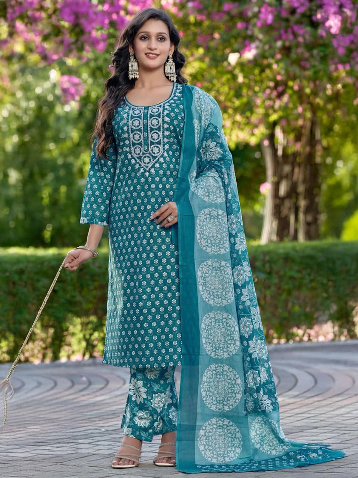 Indiessence Teal Green Cambric Straight Floral Kurta Comfort Pant Dupatta