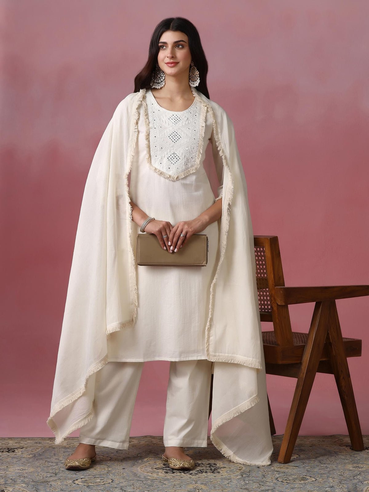 Cotton Off White Solid Embroidered Kurta Comfort Pant Dupatta