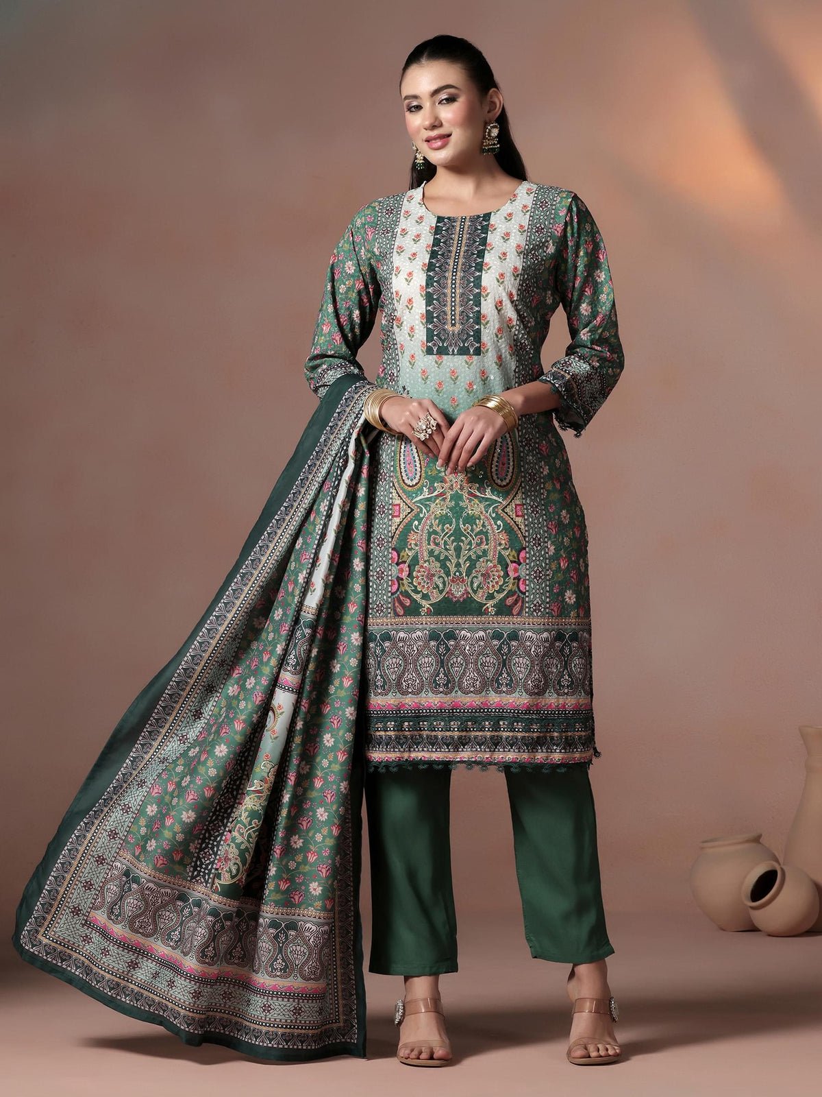 Poly Cotton Green Embroidered Kurta Comfort Pant Dupatta