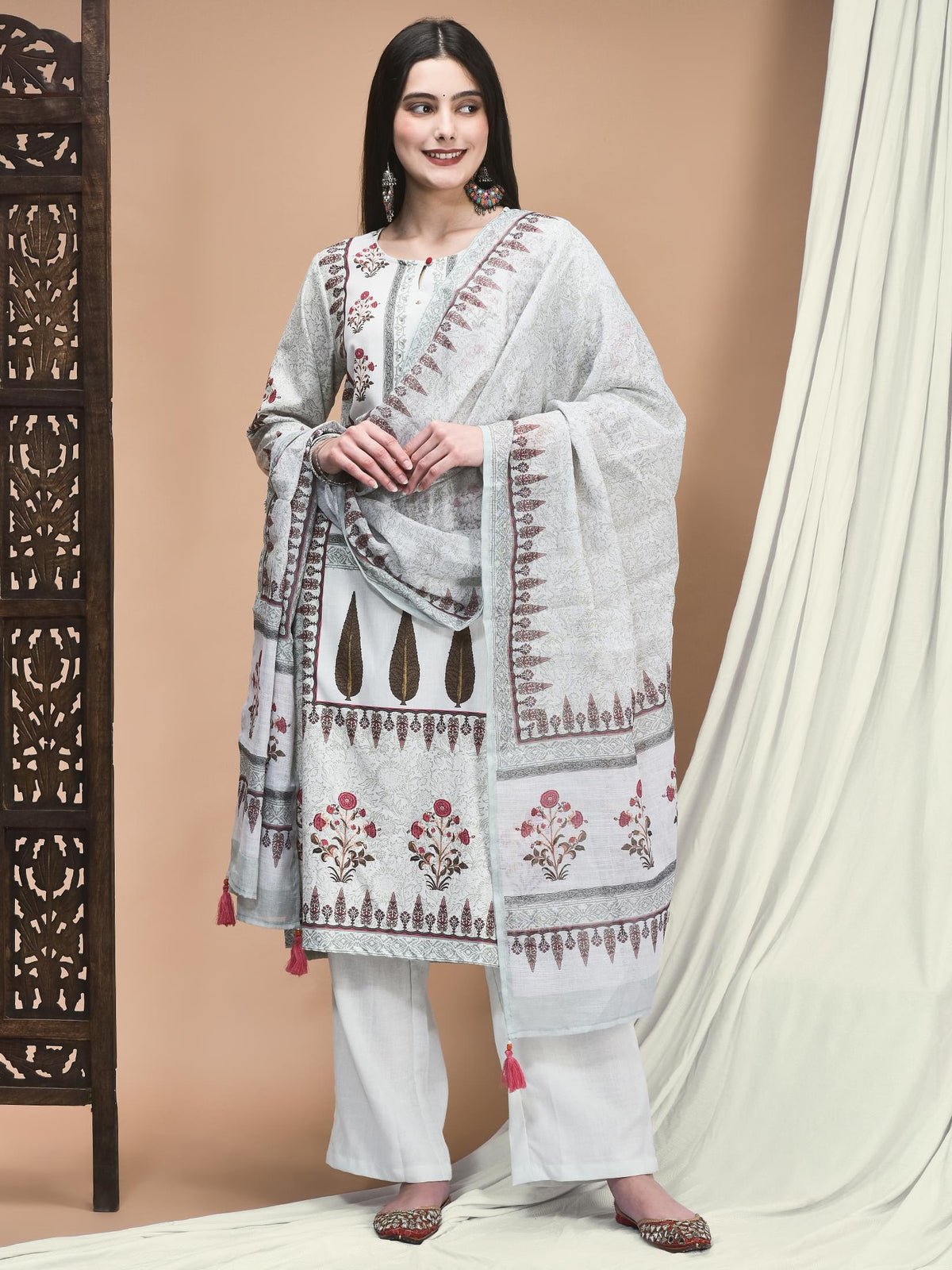 Linen Green Floral Print Kurta Comfort Pant Dupatta (Style 20654)