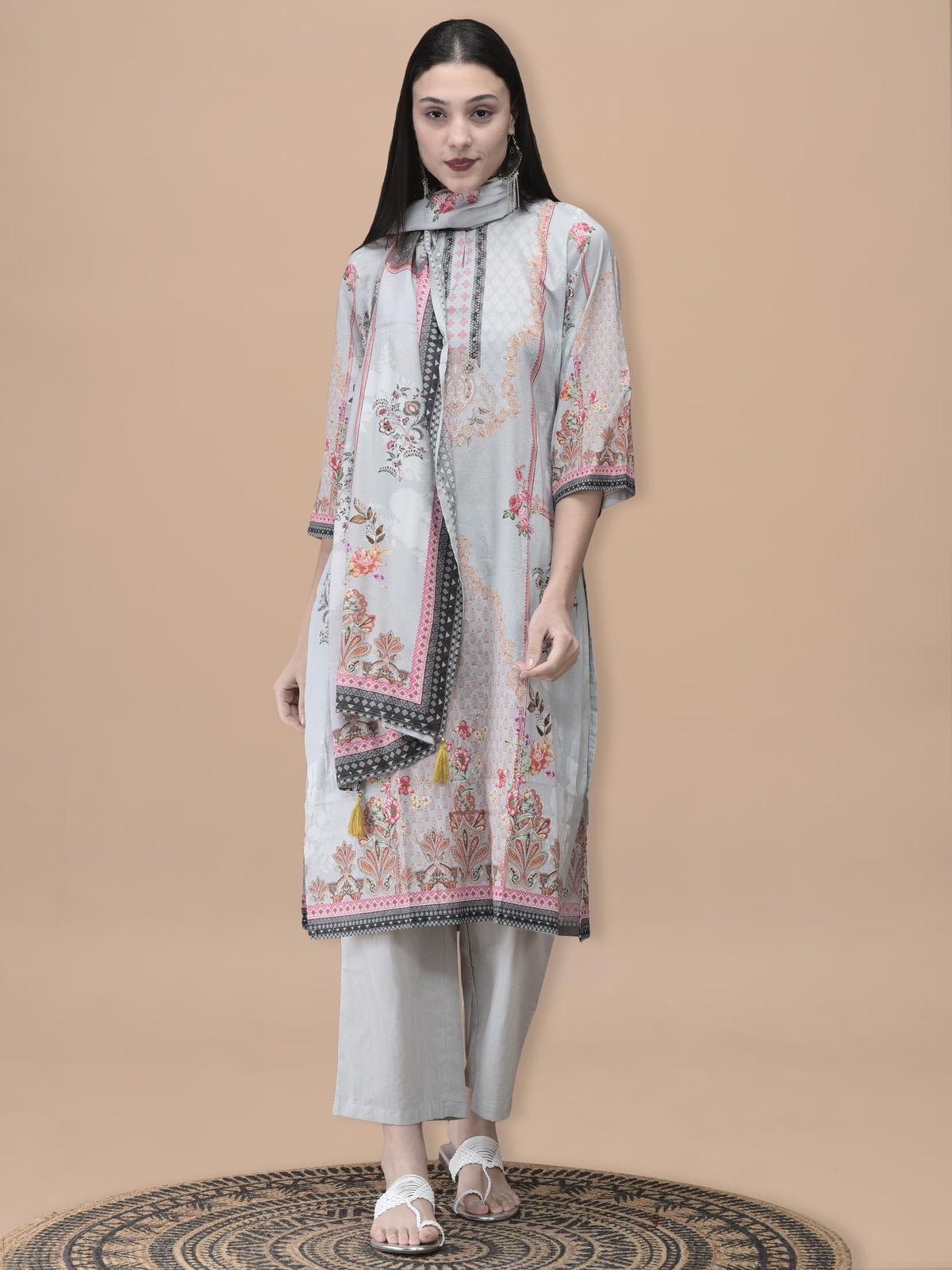 Cotton Grey Floral Print Kurta Comfort Pant Dupatta