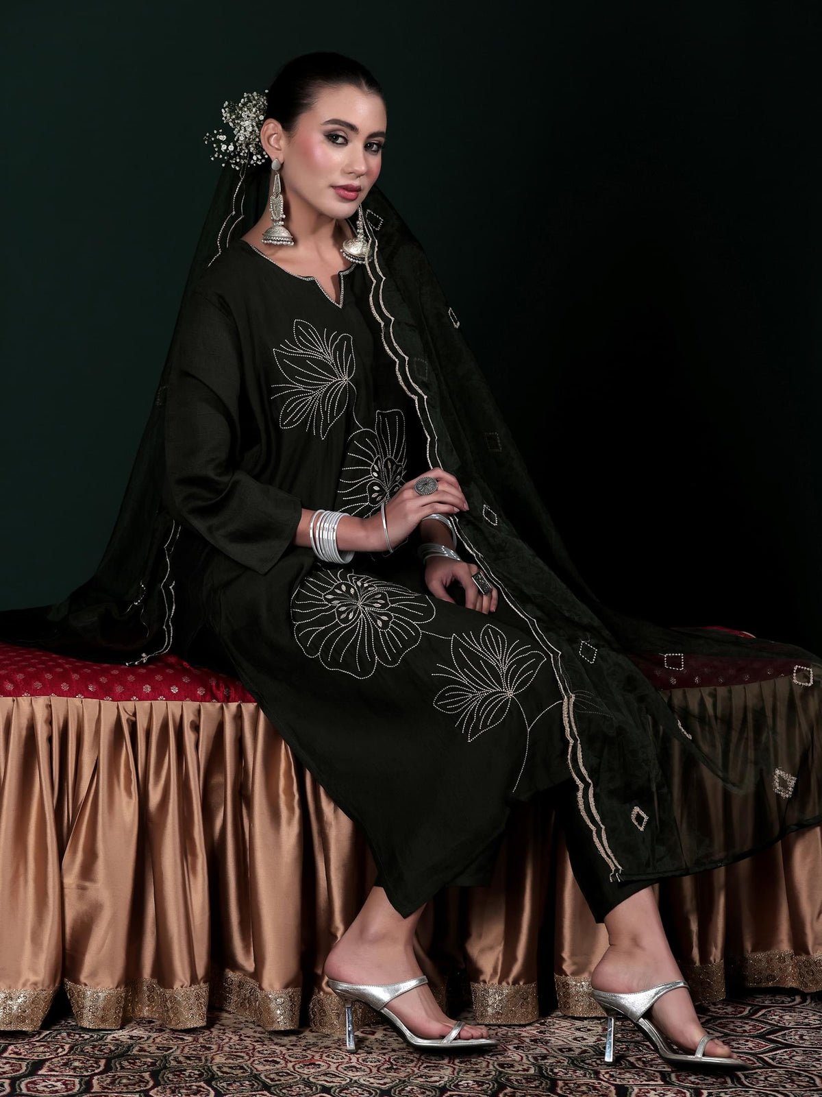 Poly Viscose Green Embroidered Kurta Comfort Pant Dupatta (Style SWF-1575)