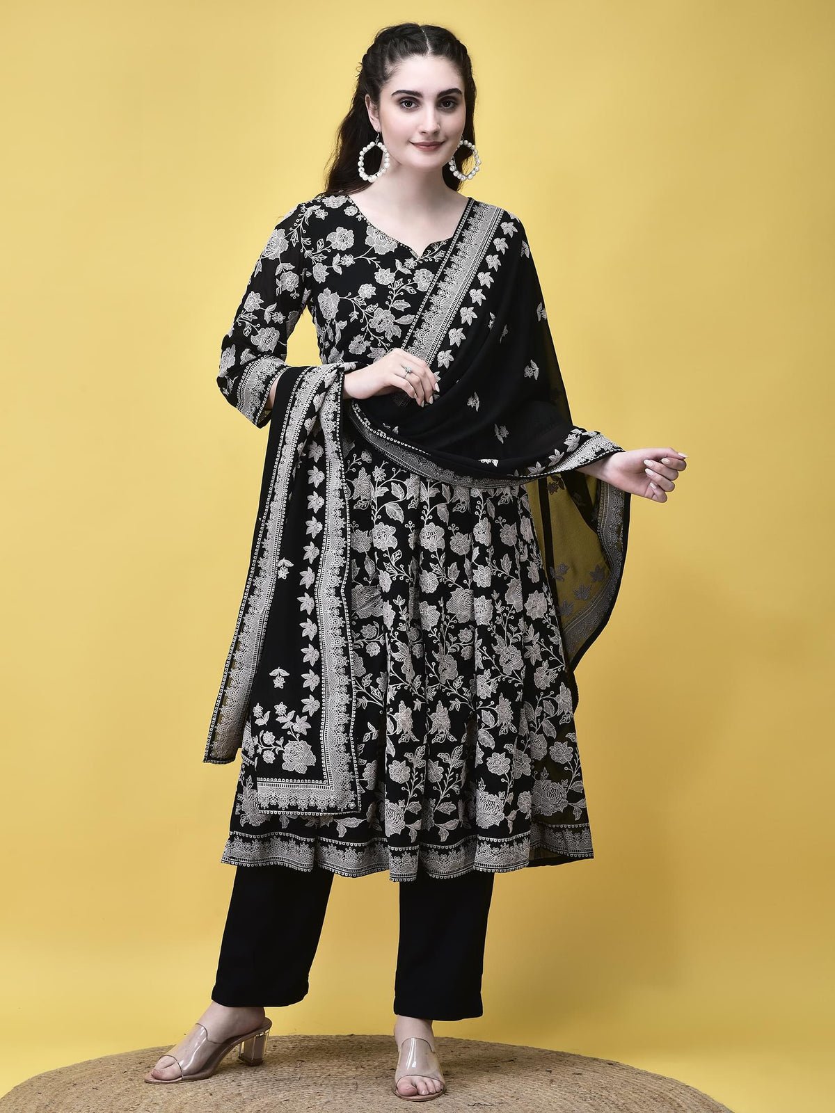 Georgette Black Emboss Floral Print Kurta Trouser Dupatta