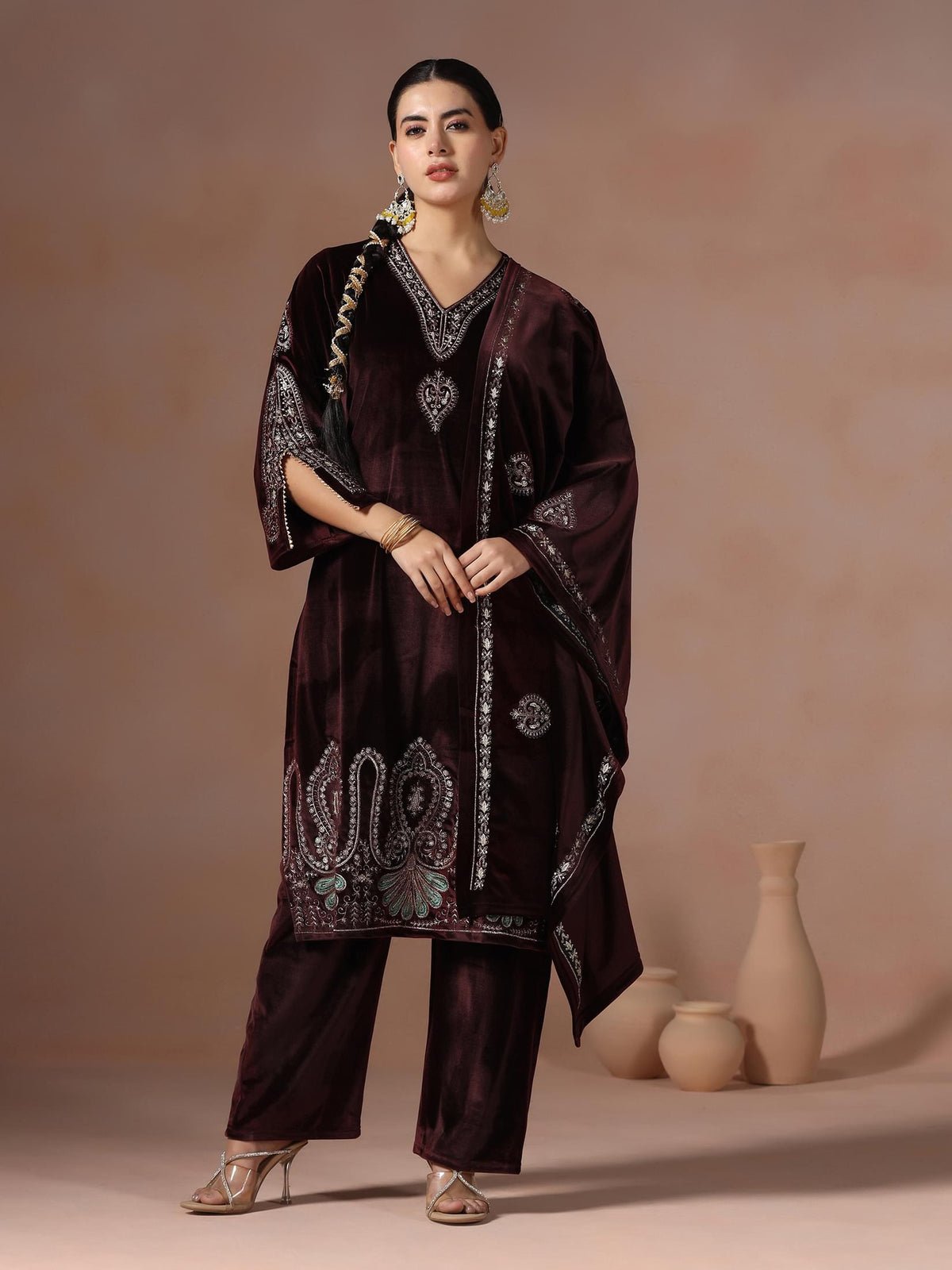 Velvet Wine Embroidered Kurta Comfort Pant Dupatta