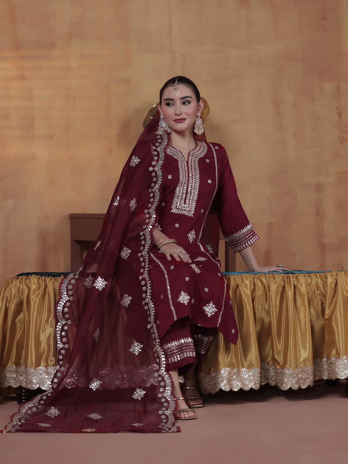 Silk Blend Maroon Embroidered Kurta Comfort Pant With Dupatta