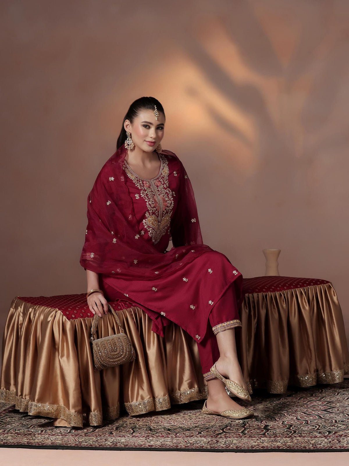 Silk Blend Maroon Embroidered Kurta Comfort Pant Dupatta (Style SIDH-365-A)