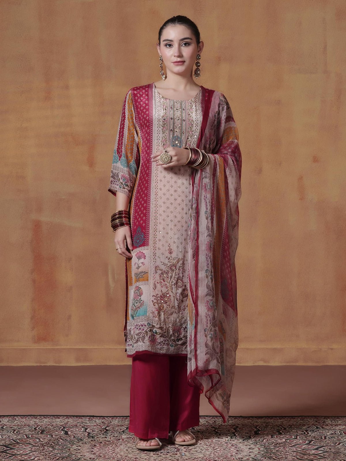 Natural Crepe Red Multicolor Printed Kurta Comfort Pant Dupatta
