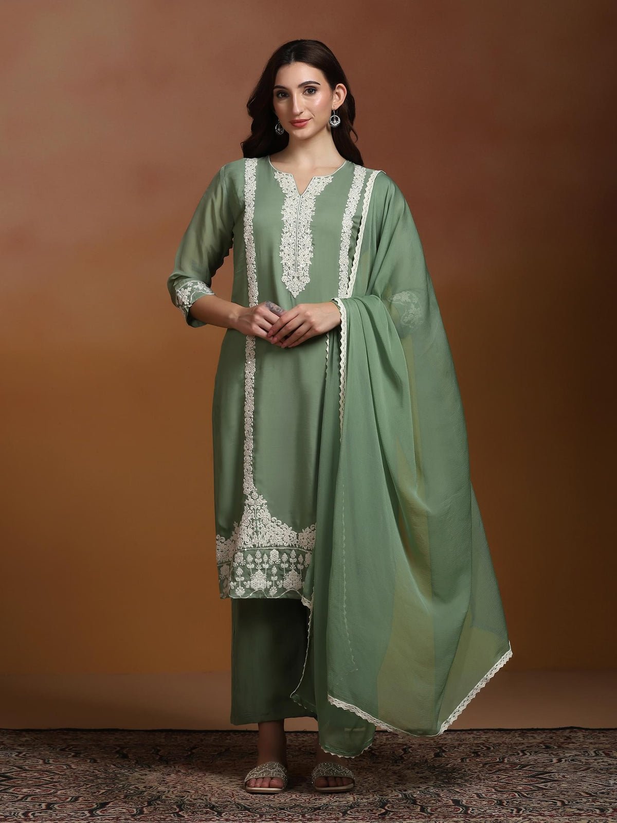 Viscose Organza Green Embroidered Kurta Comfort Pant Dupatta (Style PG-26192 KB)