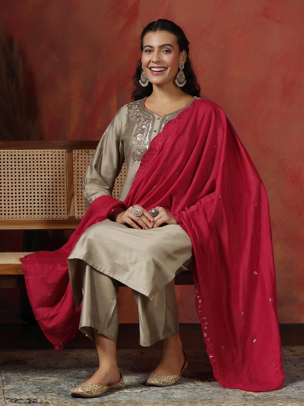 Silk Blend Beige Embroidered Kurta Comfort Pant Dupatta