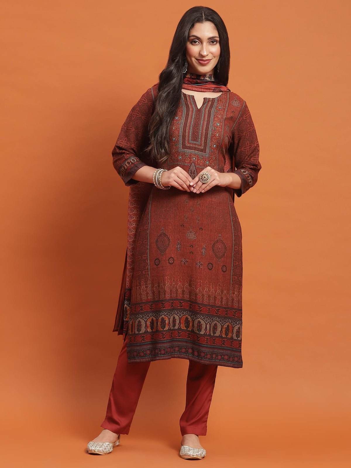 Rust Ornamental Print Kurta Trouser Dupatta