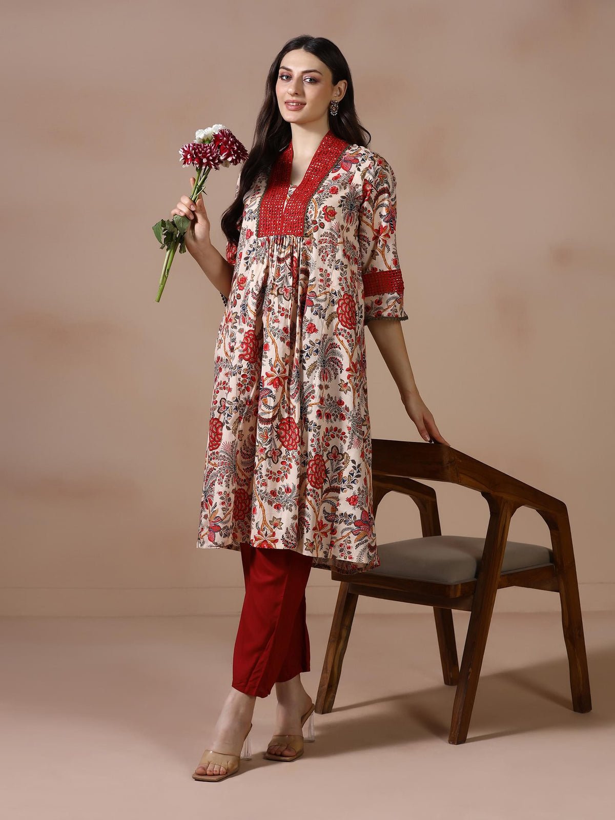 Cotton Beige Floral Print Kurta