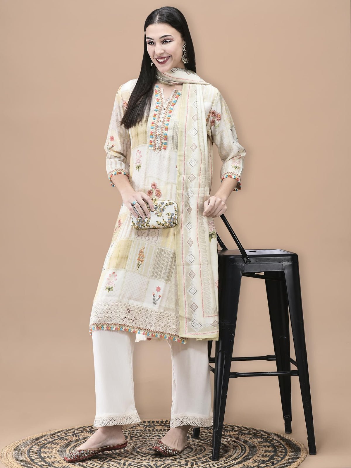 Liva Cream Floral Print Kurta Comfort Pant Dupatta (Style 20864)