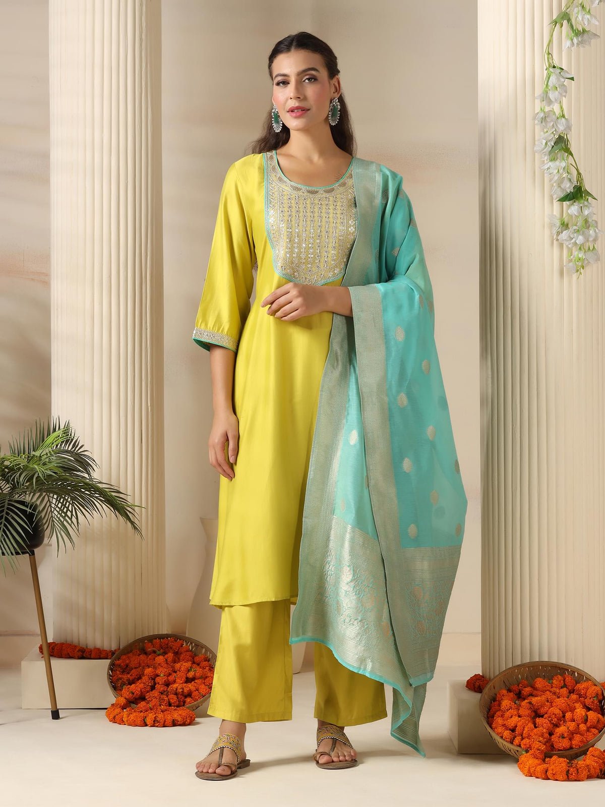 Liva Lemon Yellow Embroidered Kurta Comfort Pant Jacquard Dupatta