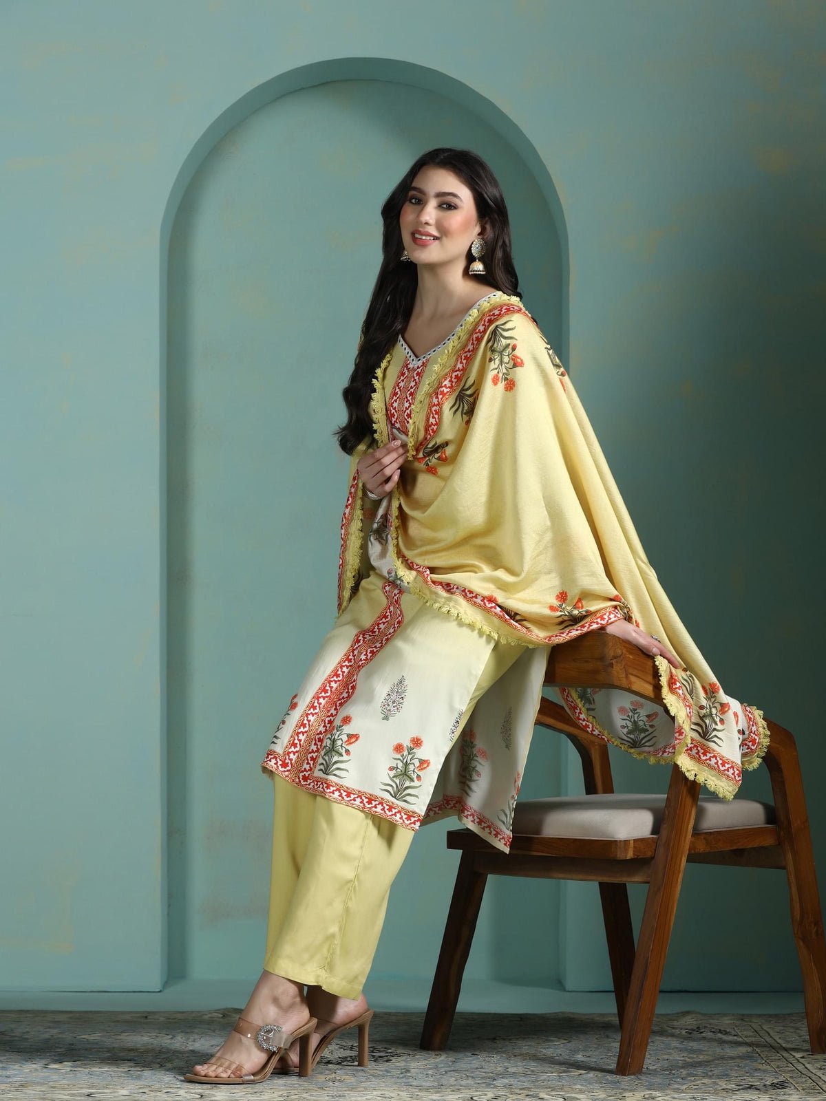 Liva Lime Yellow Printed Kurta Comfort Pant Dupatta (Style 20620)
