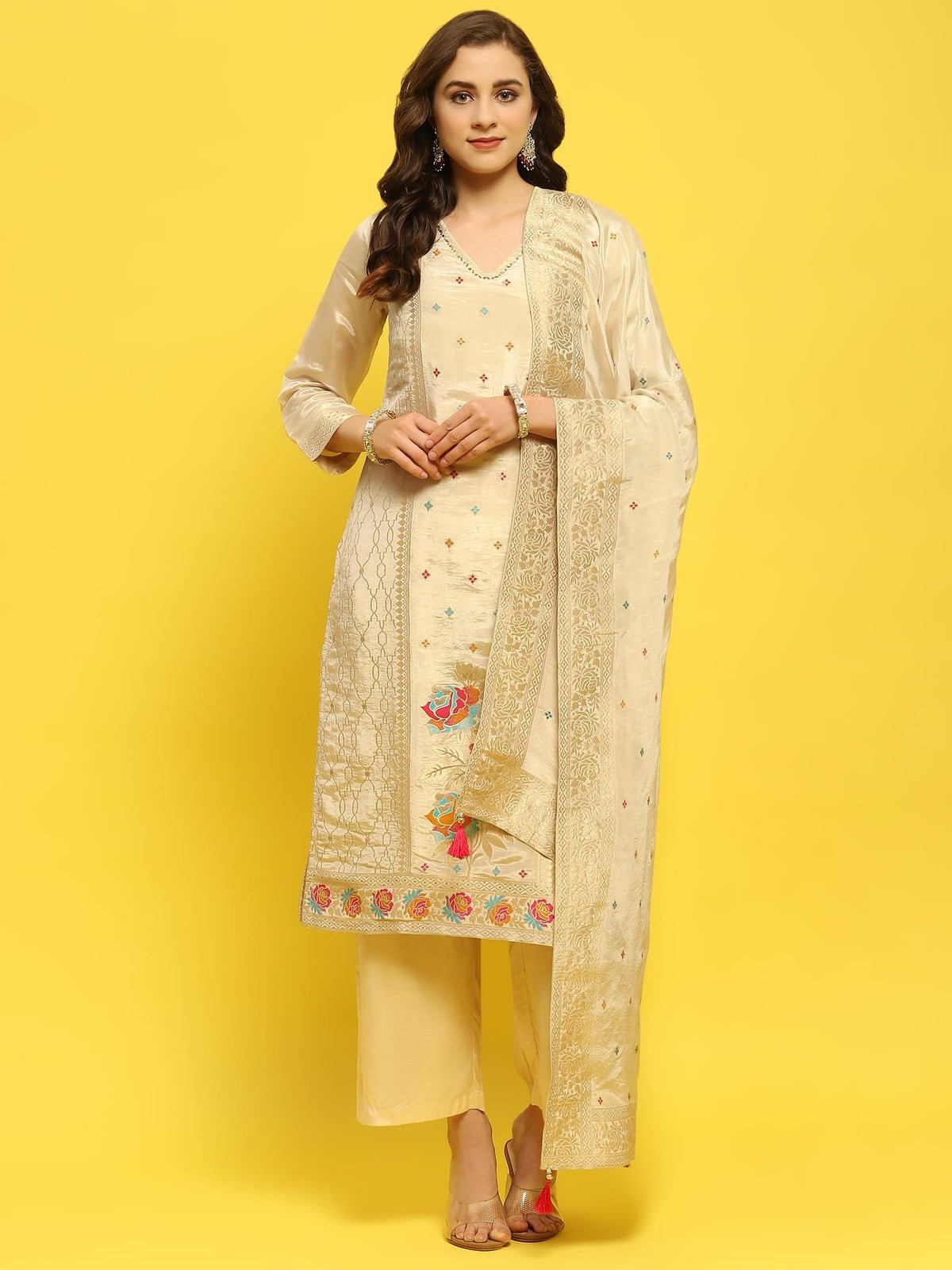 Silk Beige Woven Kurta Comfort Pant Dupatta