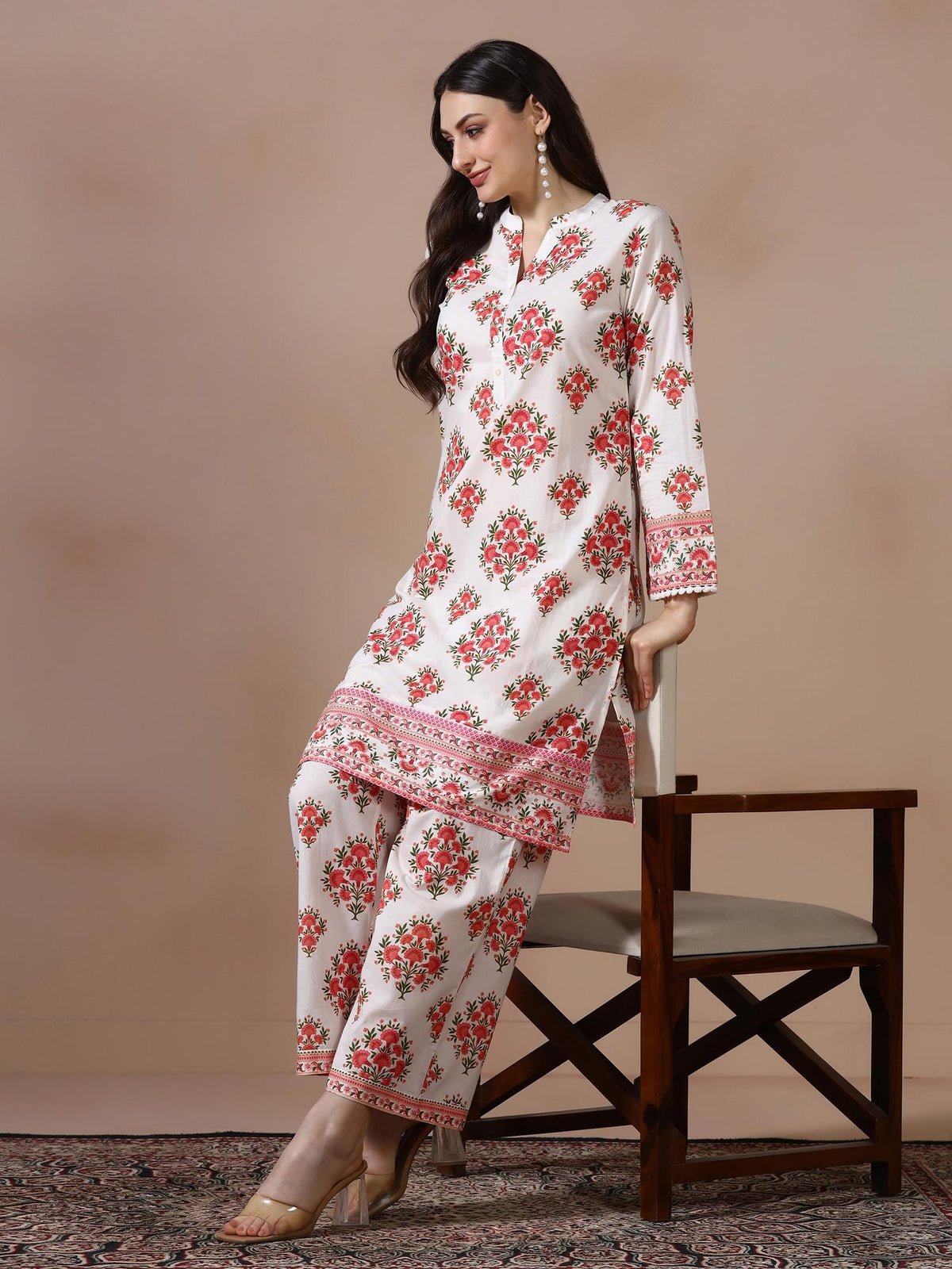 Cotton Off White and Peach Printed Co Ord Set
