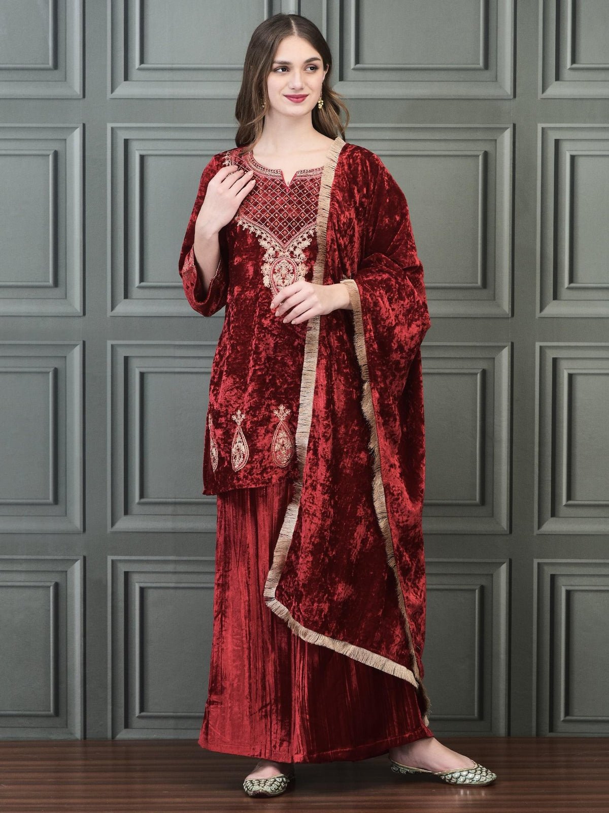 Velvet Pink Embroidered Kurta Wide Leg Pant Dupatta