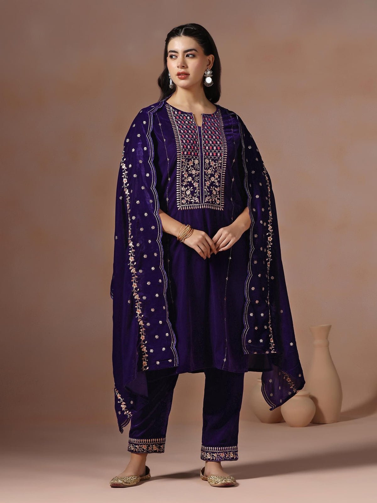Velvet Purple Embroidered Kurta Comfort Pant Dupatta