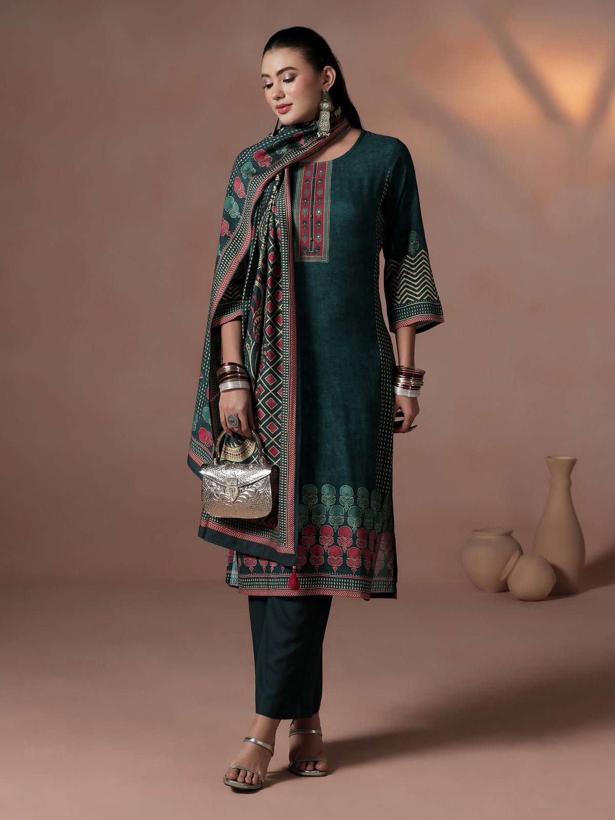 Liva Peacock Blue Ornamental Print Kurta Comfort Pant Dupatta