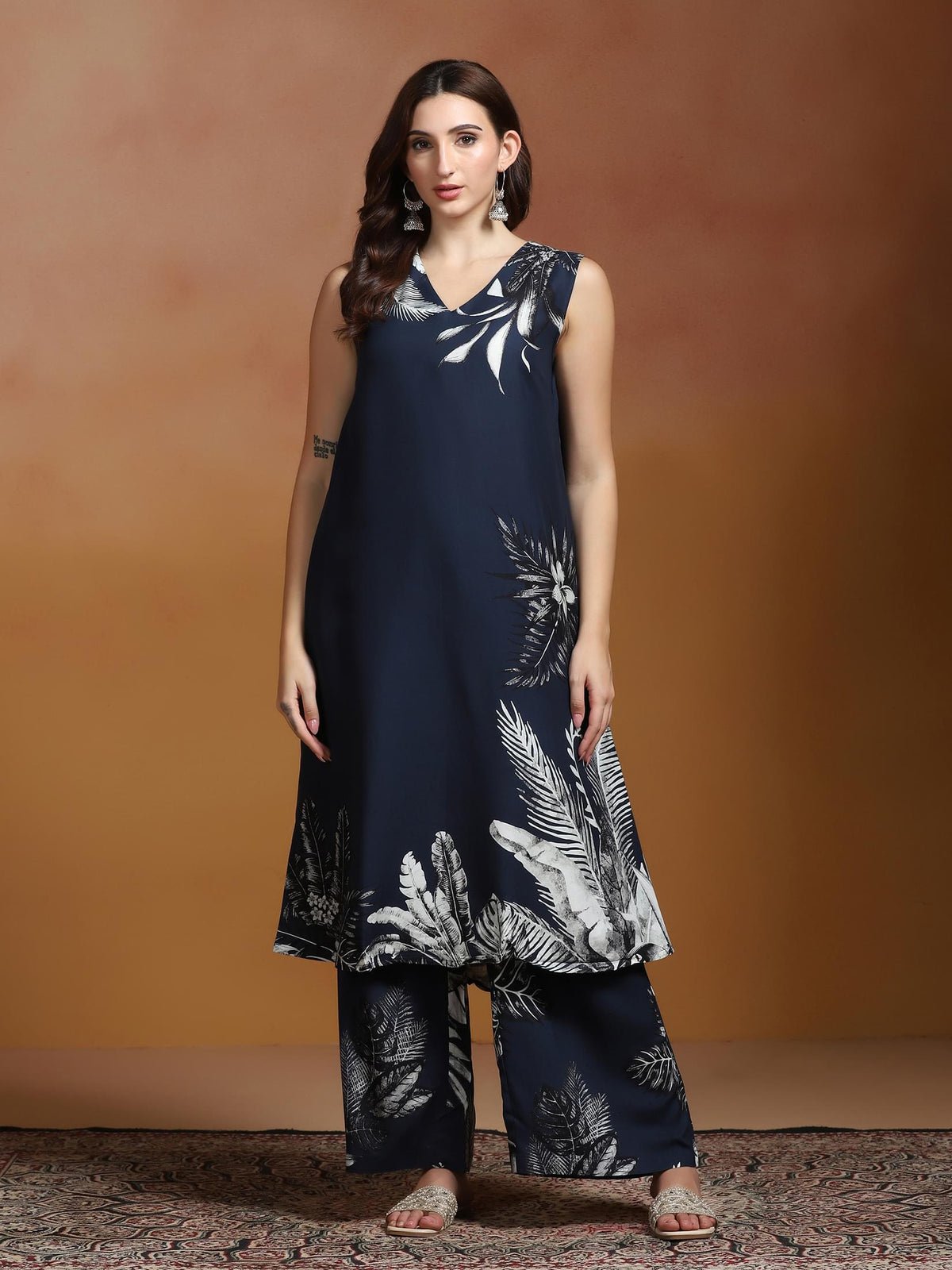 Liva Indigo Printed Kurta With Wide Leg Pant