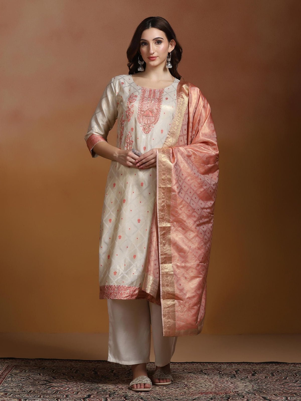 Off White Jacquard Kurta Comfort Pant Dupatta