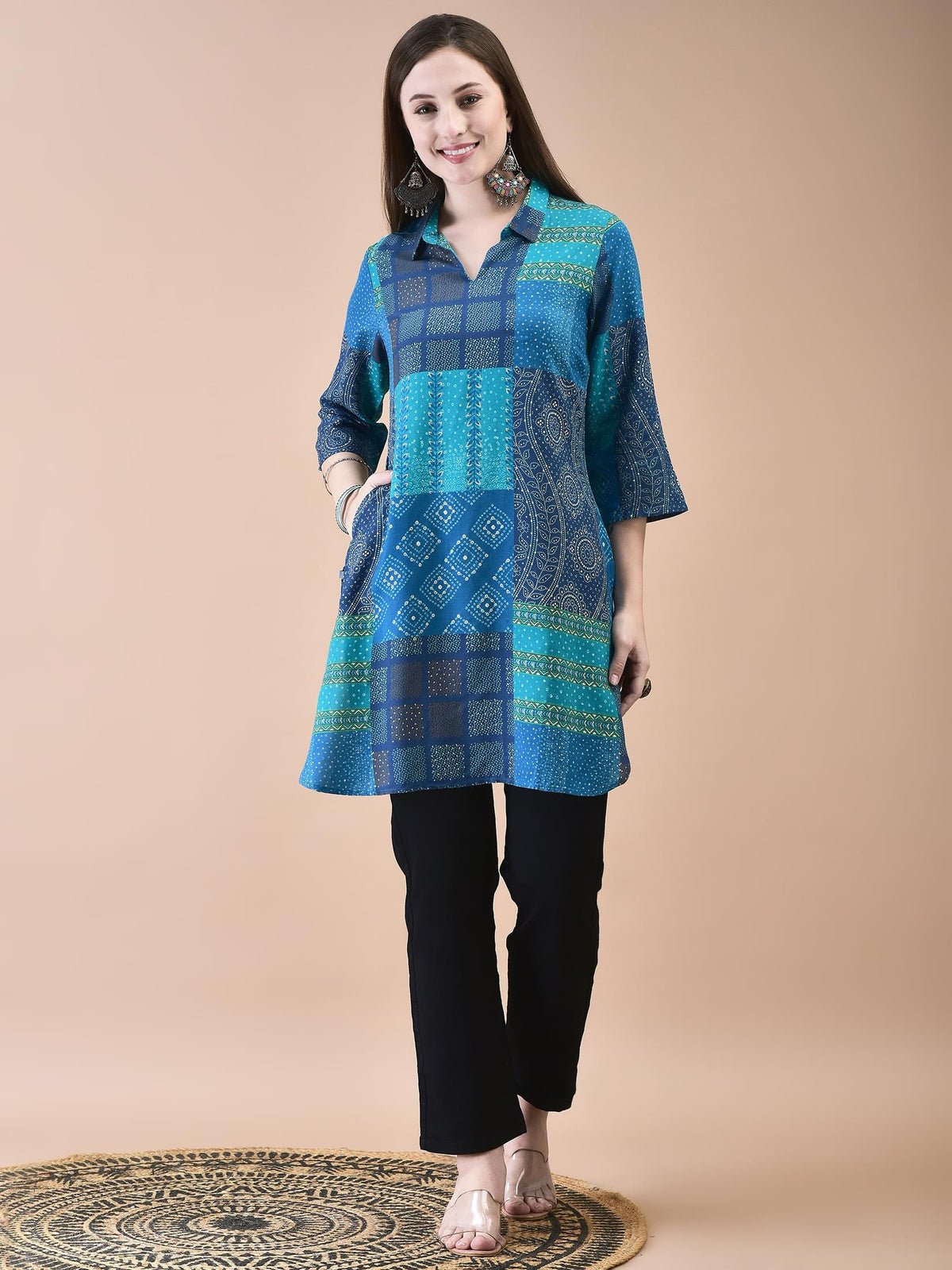 Liva Blue Bandhani Print Short Kurta