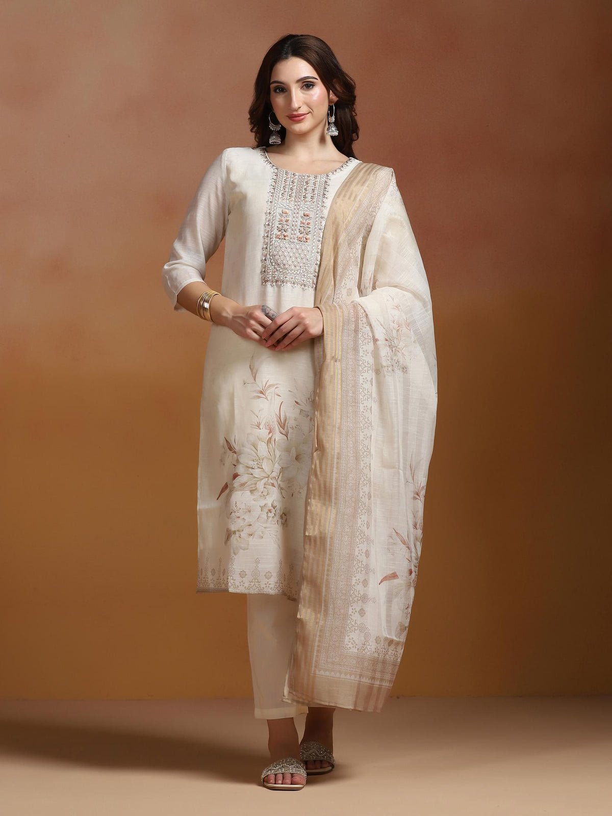 Poly Viscose Linen Off White Embroidered Kurta Comfort Pant Dupatta