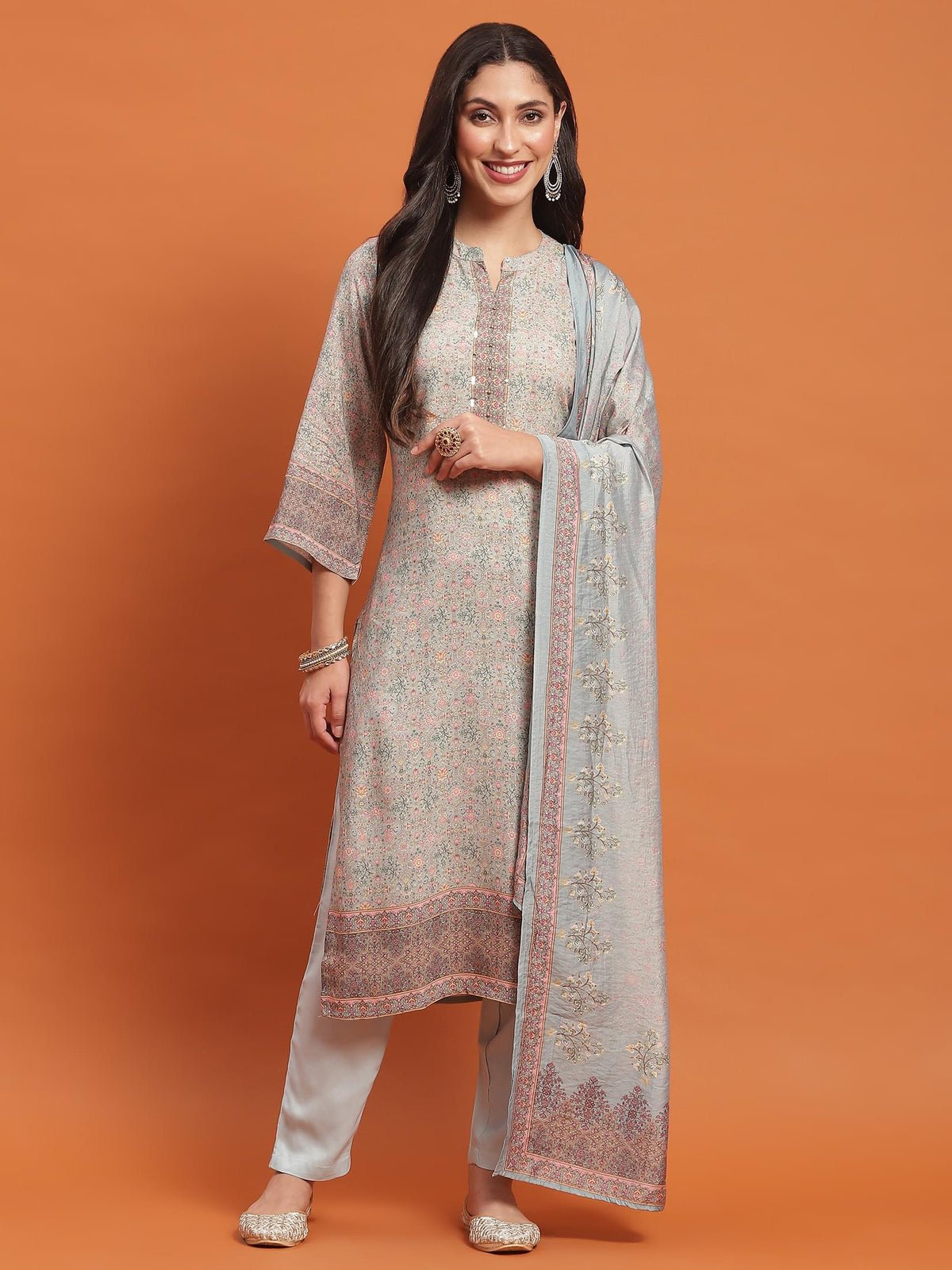 Blue Ornamental Print Kurta Trouser Dupatta