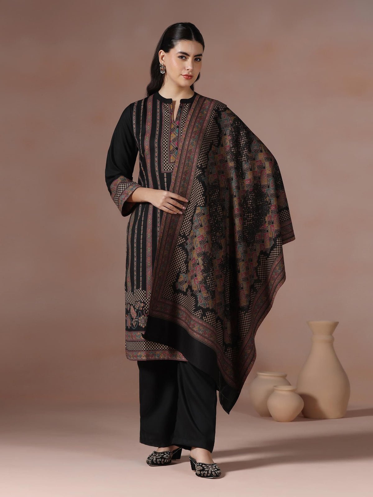 Acrylic Jacquard Black Woven Kurta Comfort Pant Dupatta