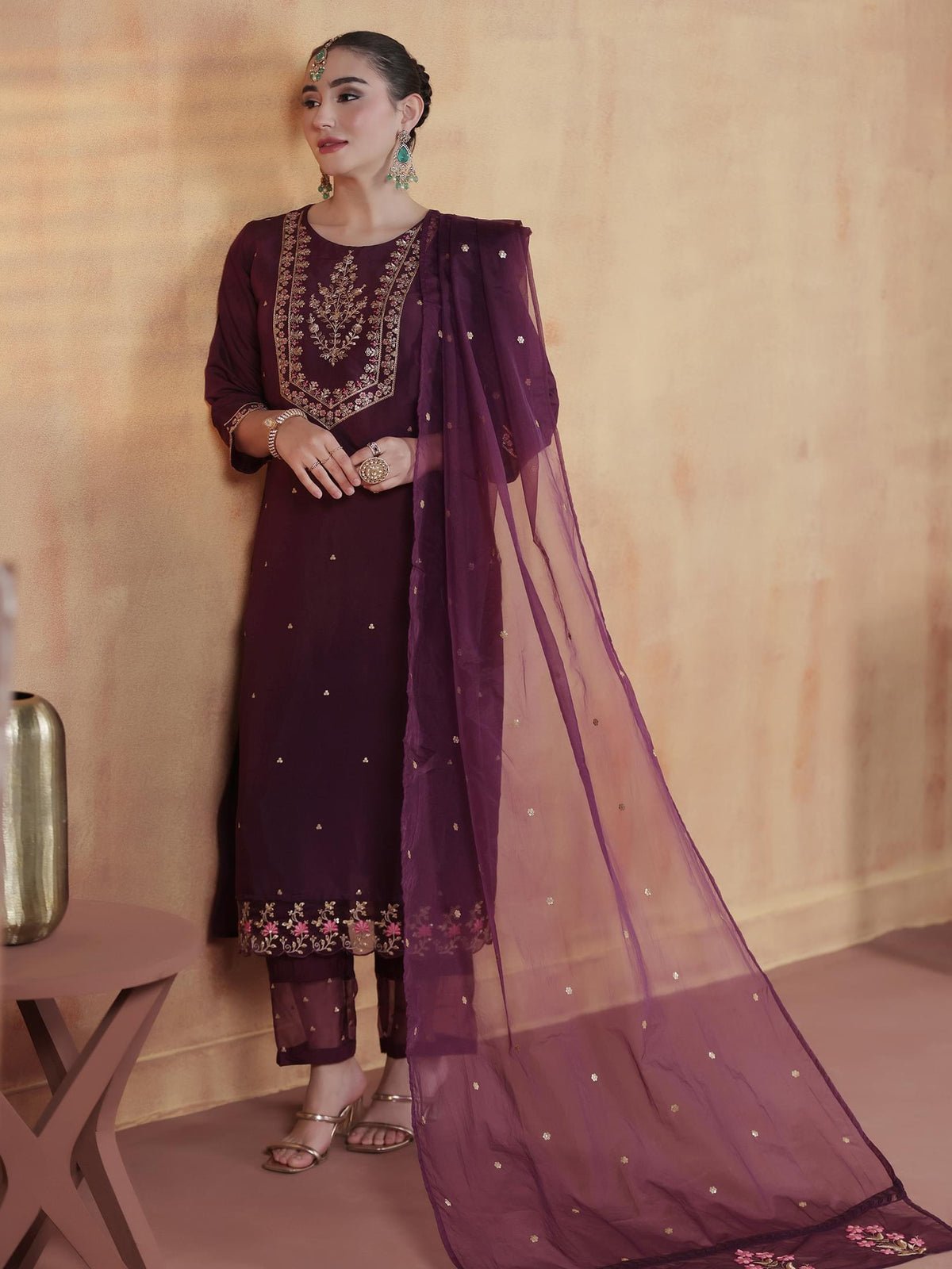 Silk Blend Orchid Embroidered Kurta Comfort Pant With Dupatta