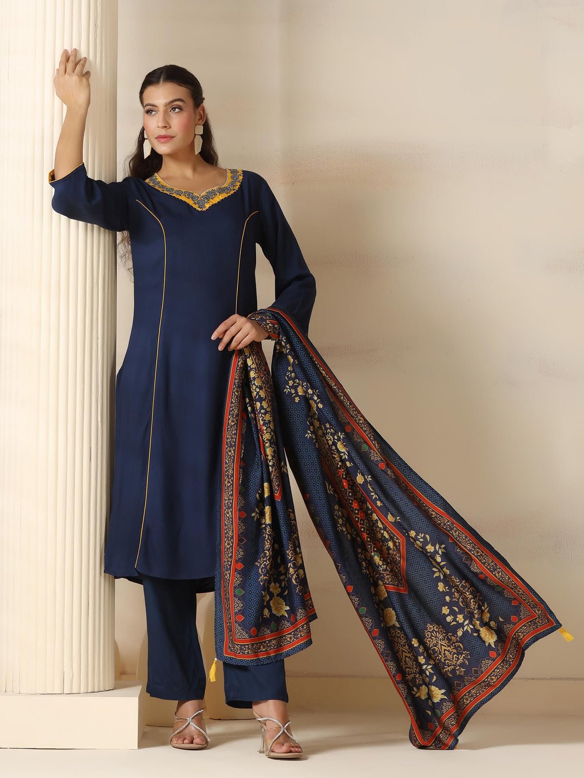 Liva Navy Blue Solid Kurta Comfort Pant Dupatta
