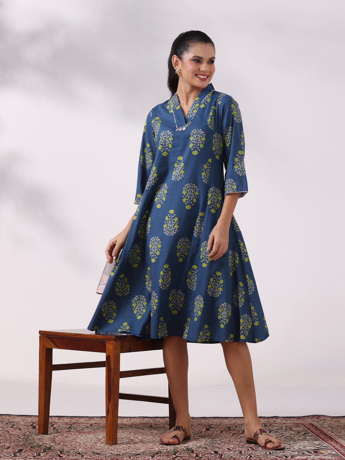 Cotton Blue Printed Anarkali Kurta