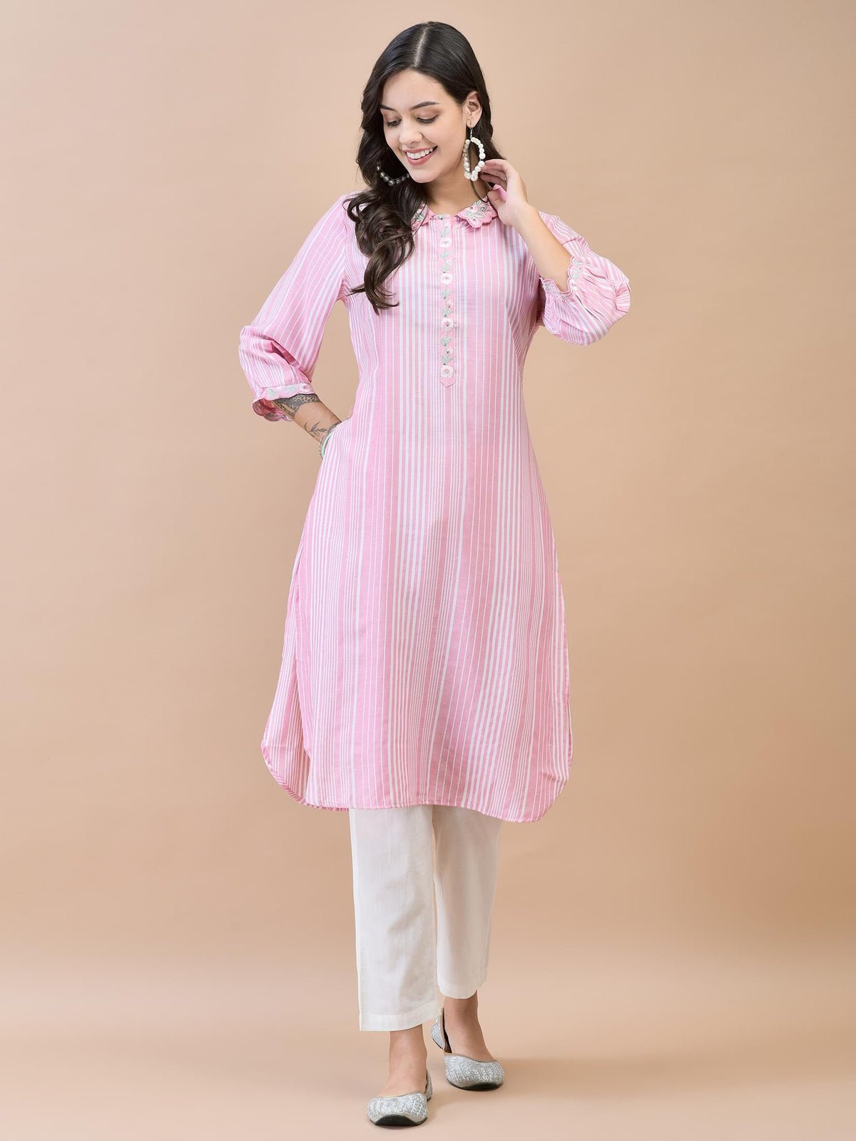 Liva (Rayon) Pink Embroidered Kurta
