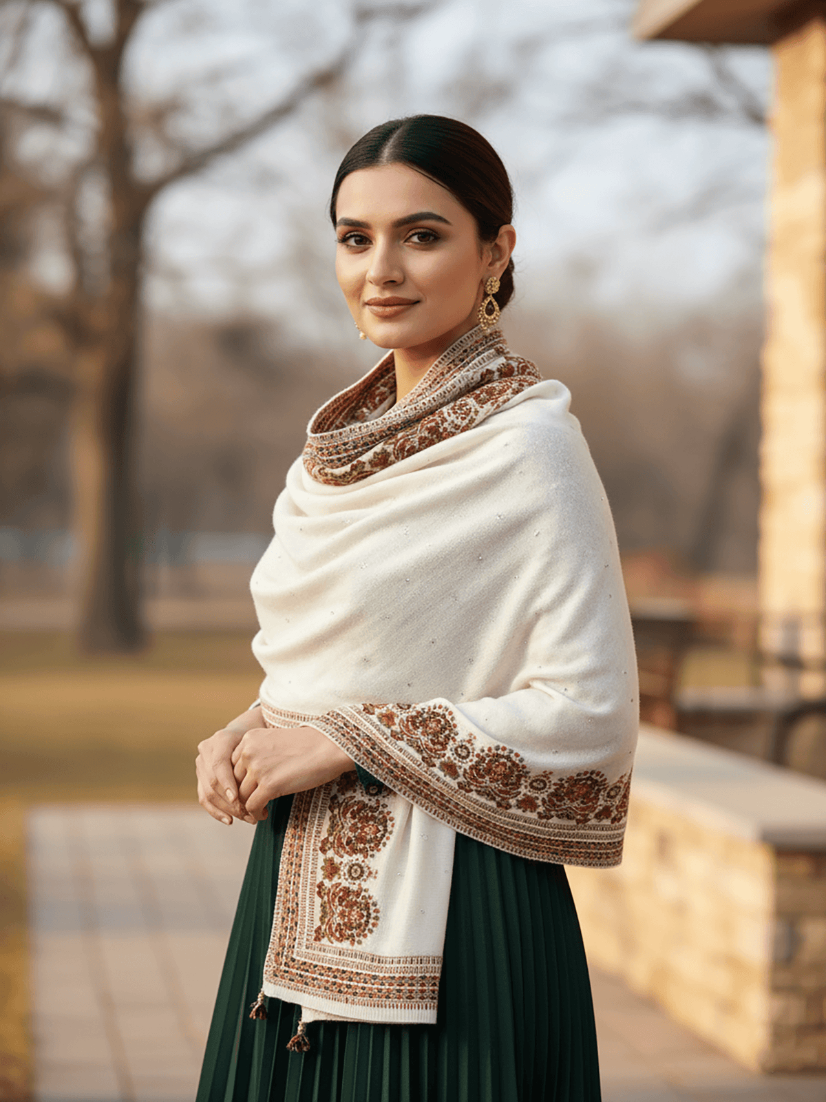 Soft Knitted Warm White Acrylic Woven Design Shawl