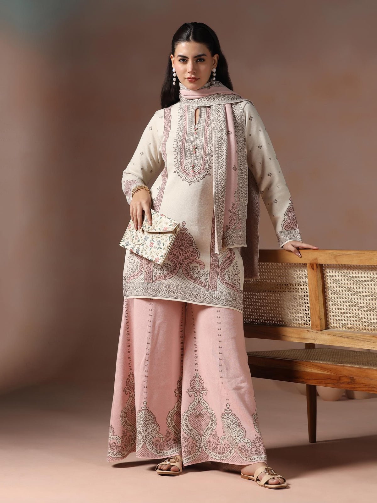 Wool Blend Off White & Pink Jacquard Kurta Bell Bottom Dupatta